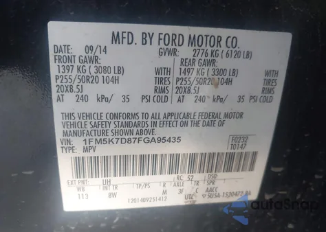 2015 Ford Explorer Xlt из США, поврежденный, VIN 1FM5K7D87FGA95435